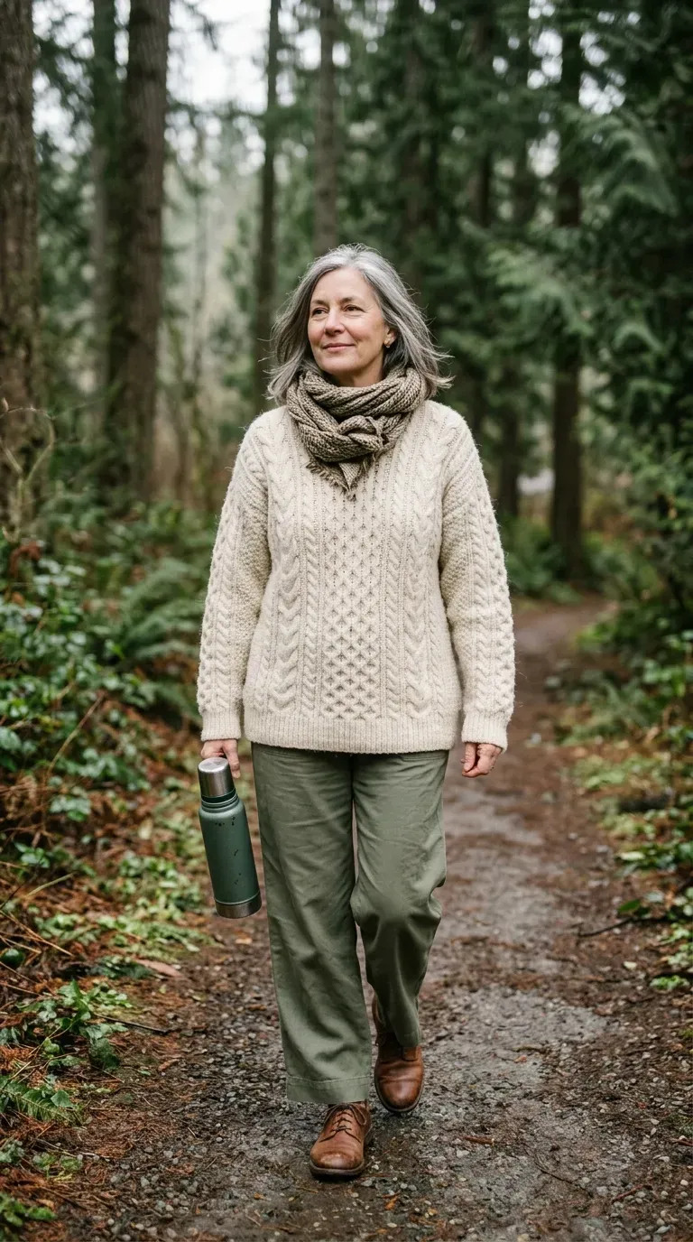 Woman over 50 in olive wide-leg trousers and cream fisherman sweater on a park path