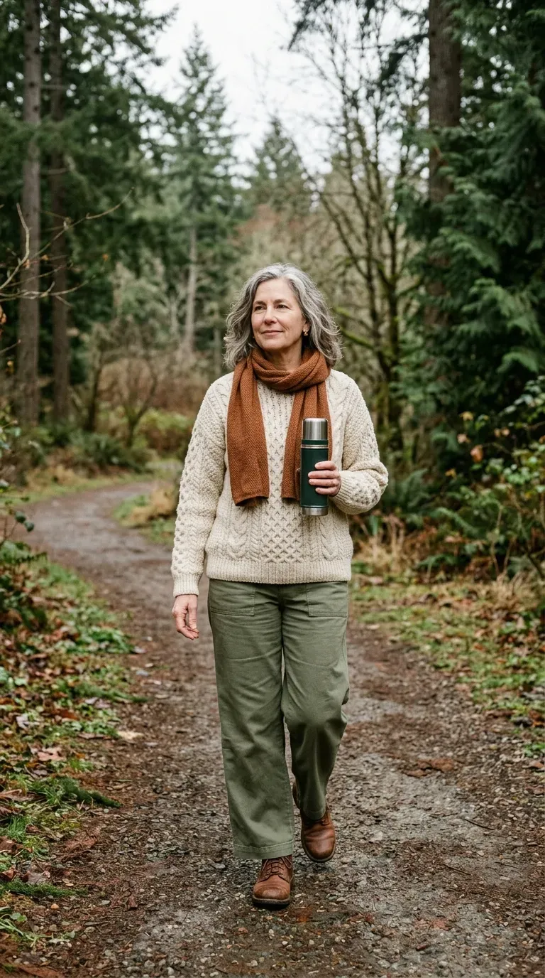 Woman over 50 in olive wide-leg trousers and cream fisherman sweater on a park path
