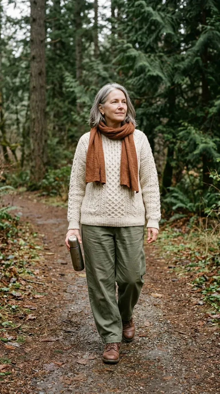 Woman over 50 in olive wide-leg trousers and cream fisherman sweater on a park path