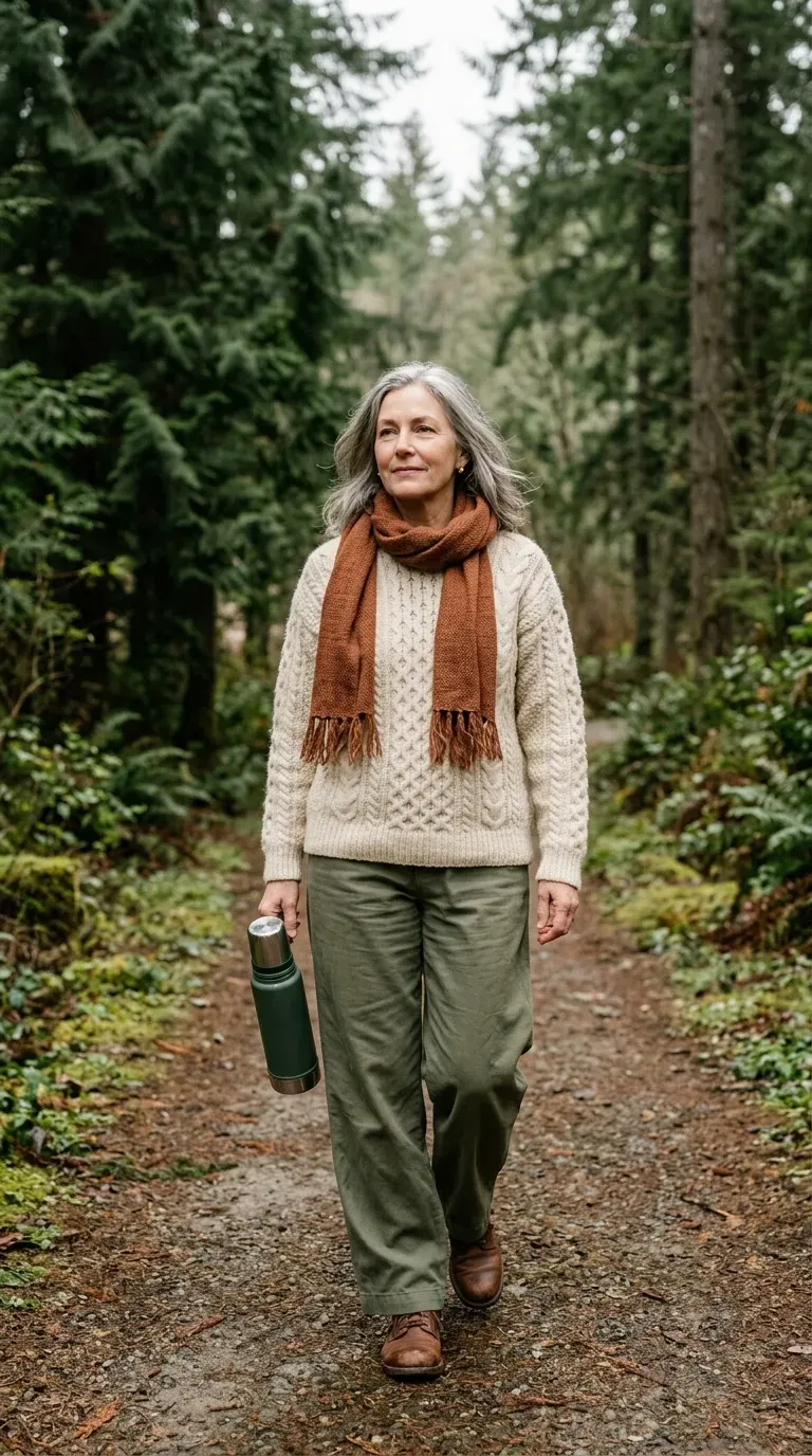 Woman over 50 in olive wide-leg trousers and cream fisherman sweater on a park path