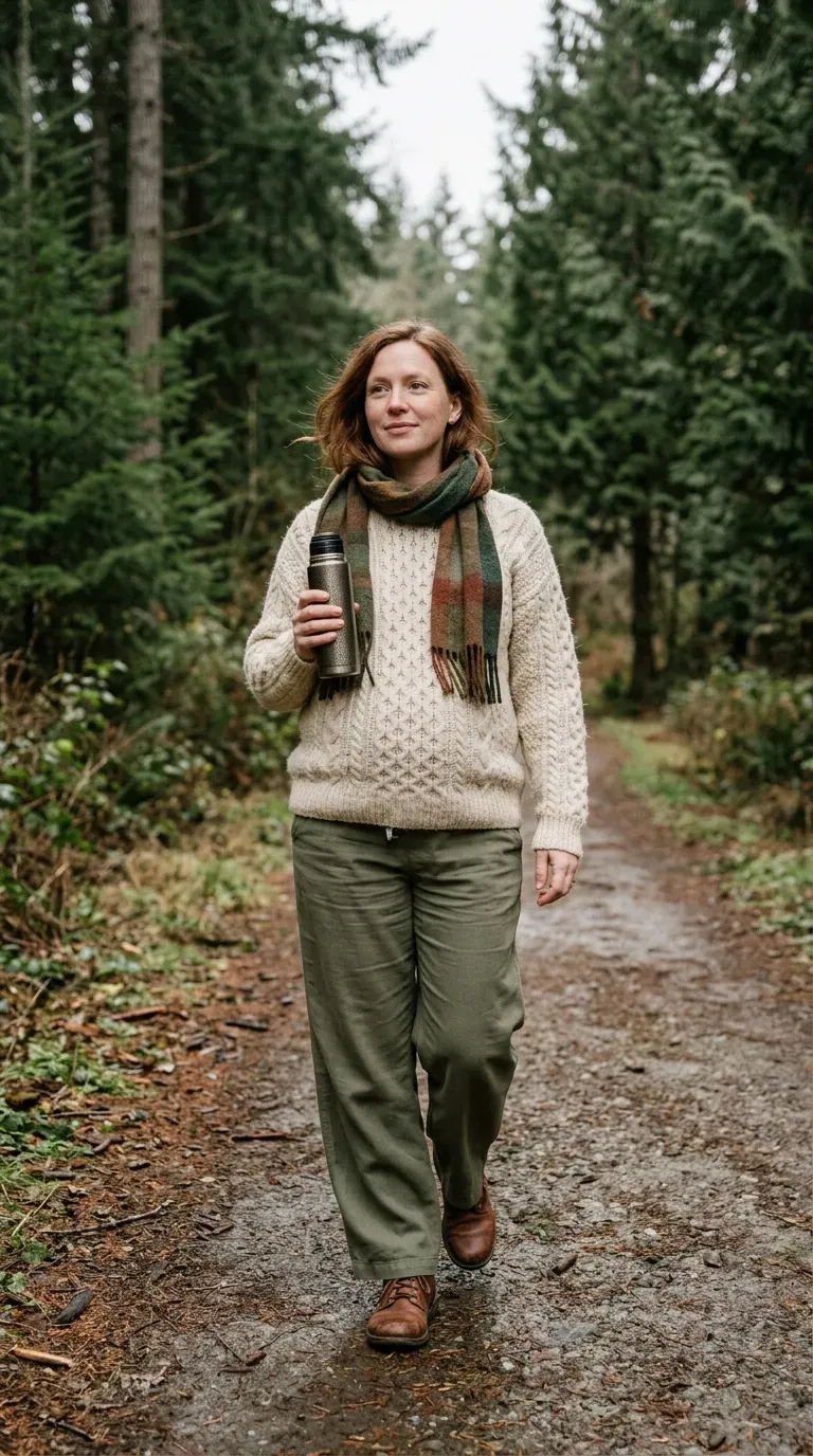 Pregnant woman in olive wide-leg trousers and cream fisherman sweater on a park path