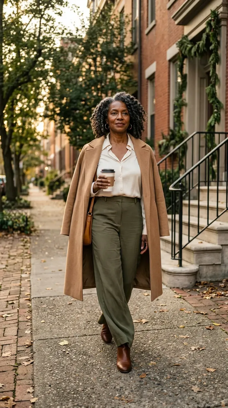 Woman over 50 in olive wide-leg trousers and cream silk blouse on an autumn street