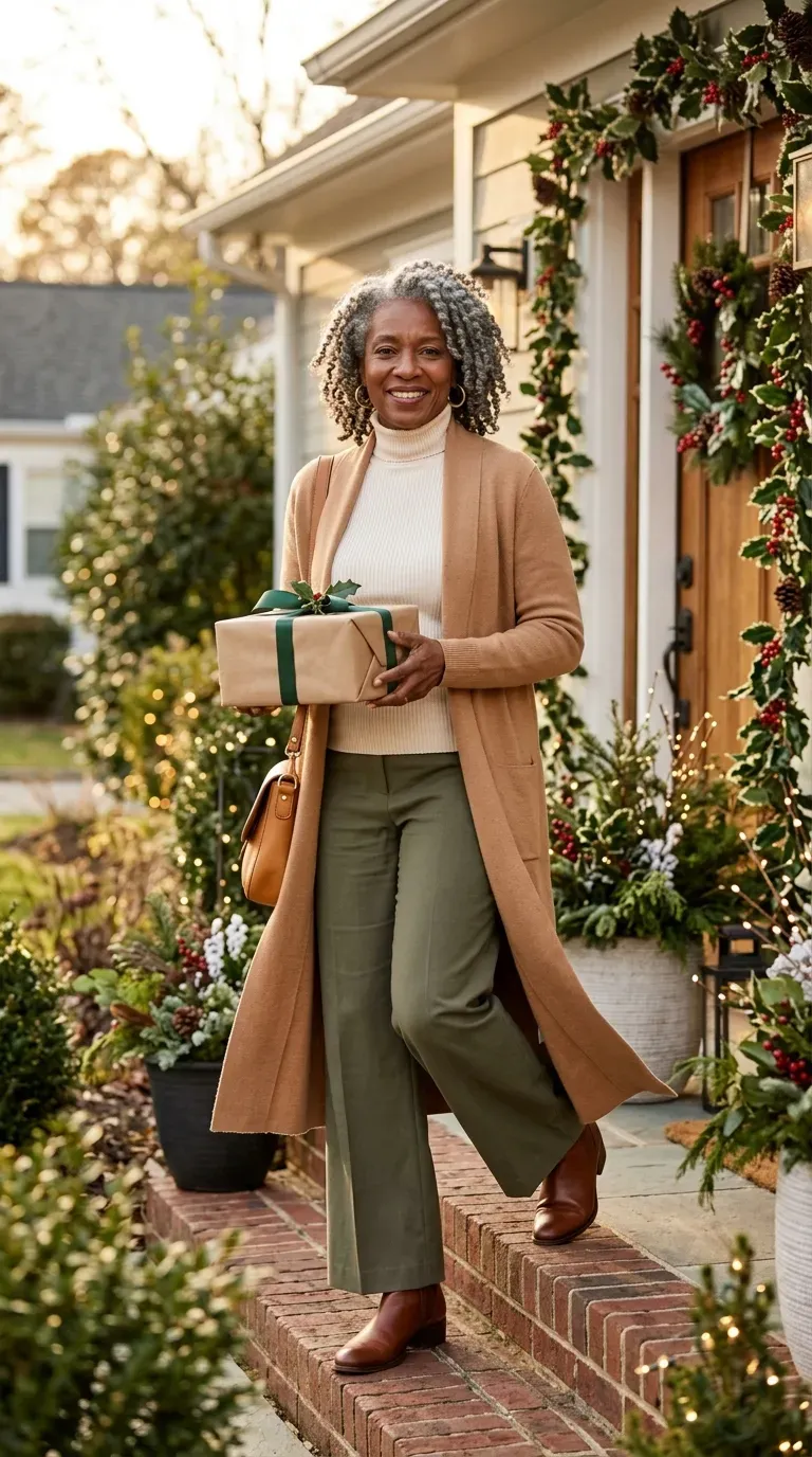 Woman over 50 in olive wide-leg trousers, cream turtleneck and camel cardigan at a Christmas family gathering