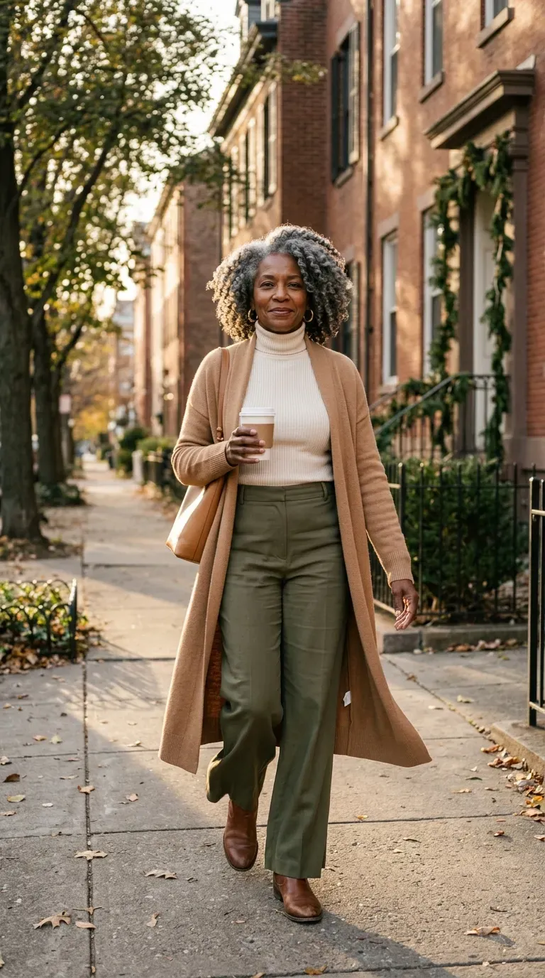 Woman over 50 in olive wide-leg trousers, cream turtleneck and camel cardigan on an autumn street