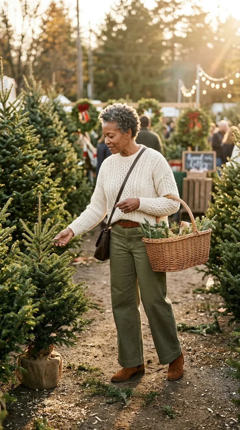 Black woman in olive wide-leg trousers and a cream fisherman sweater choosing a Christmas tree
