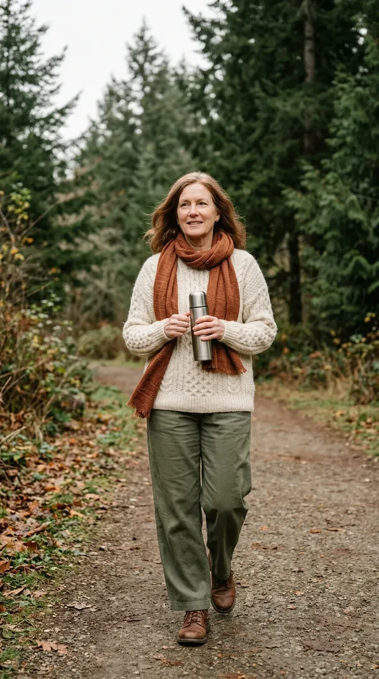 Woman over 50 in olive wide-leg trousers and ivory cable sweater on a park path