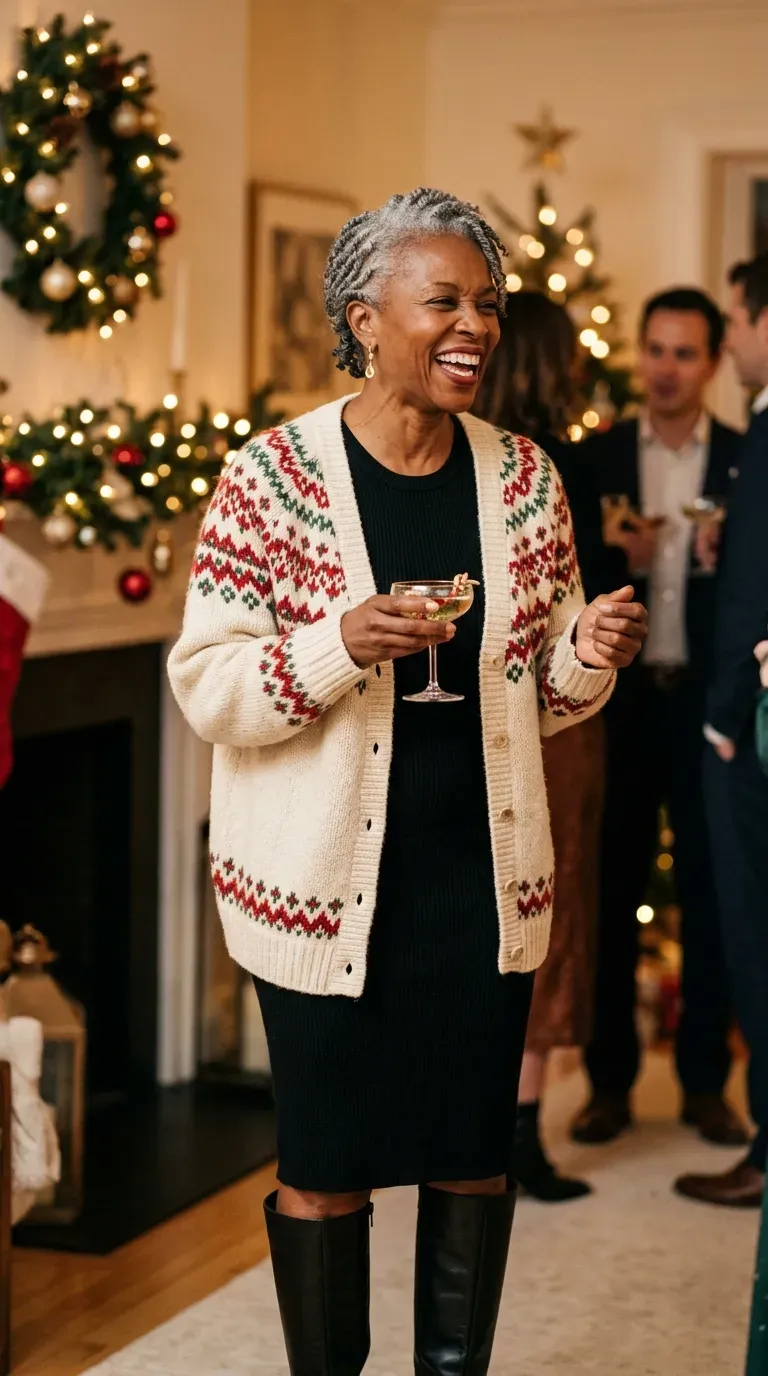 Woman over 50 in oversized Fair Isle cardigan, black knit dress and tall boots at a festive party