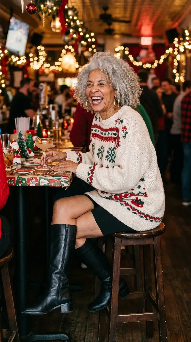 Woman over 50 in oversized holiday sweater, black cycling shorts and tall boots at a party