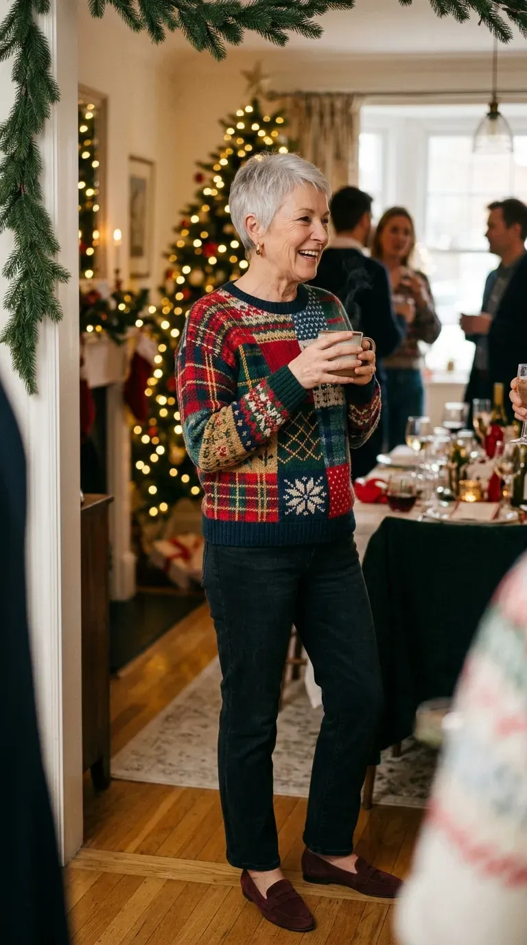 Woman over 50 in patchwork Christmas sweater, dark jeans and burgundy loafers at a party
