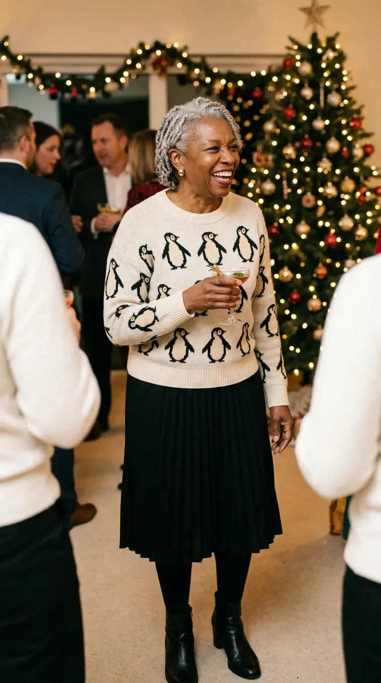 Woman over 50 in penguin print sweater, black midi skirt and ankle boots at a party