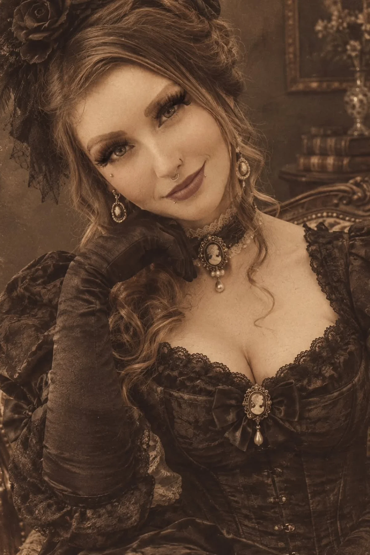 Woman in a black lace dress with a cameo choker and veil headpiece, a Victorian mourning lady gothic Halloween costume