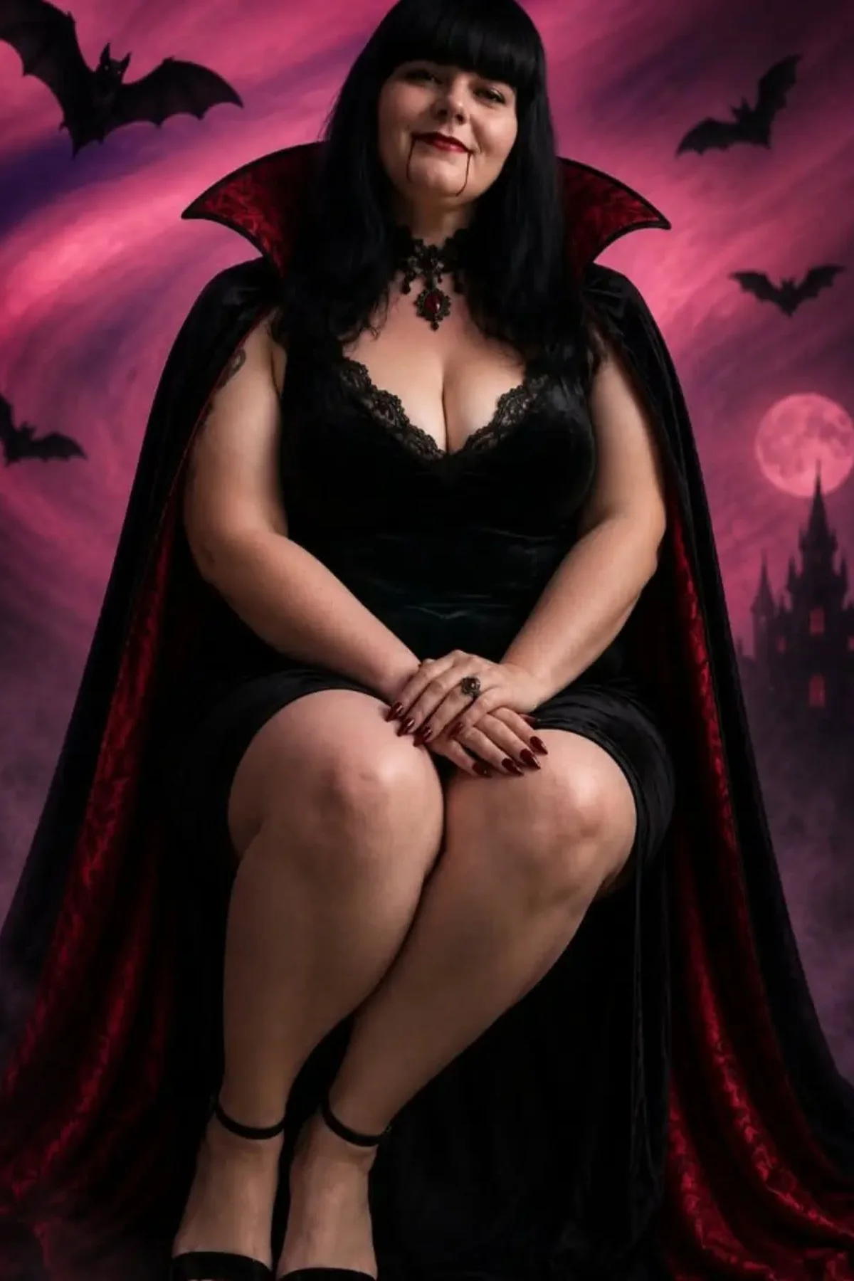 Plus size woman in a black velvet dress with a red-lined cape and choker, a gothic vampire countess Halloween costume