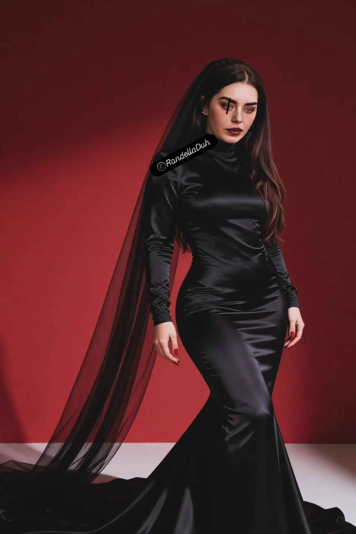 Woman in a black satin mermaid gown with a long sheer black veil, a gothic bride Halloween costume