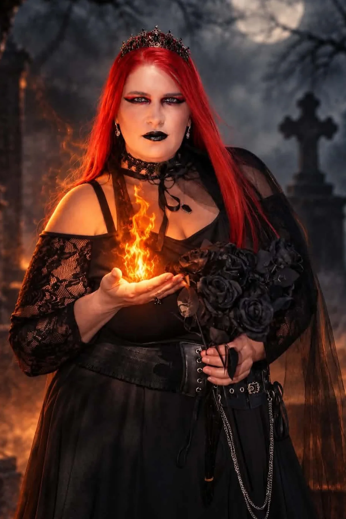 Plus size woman in a black gothic dress with choker and jeweled crown in a graveyard, a gothic choker queen Halloween costume