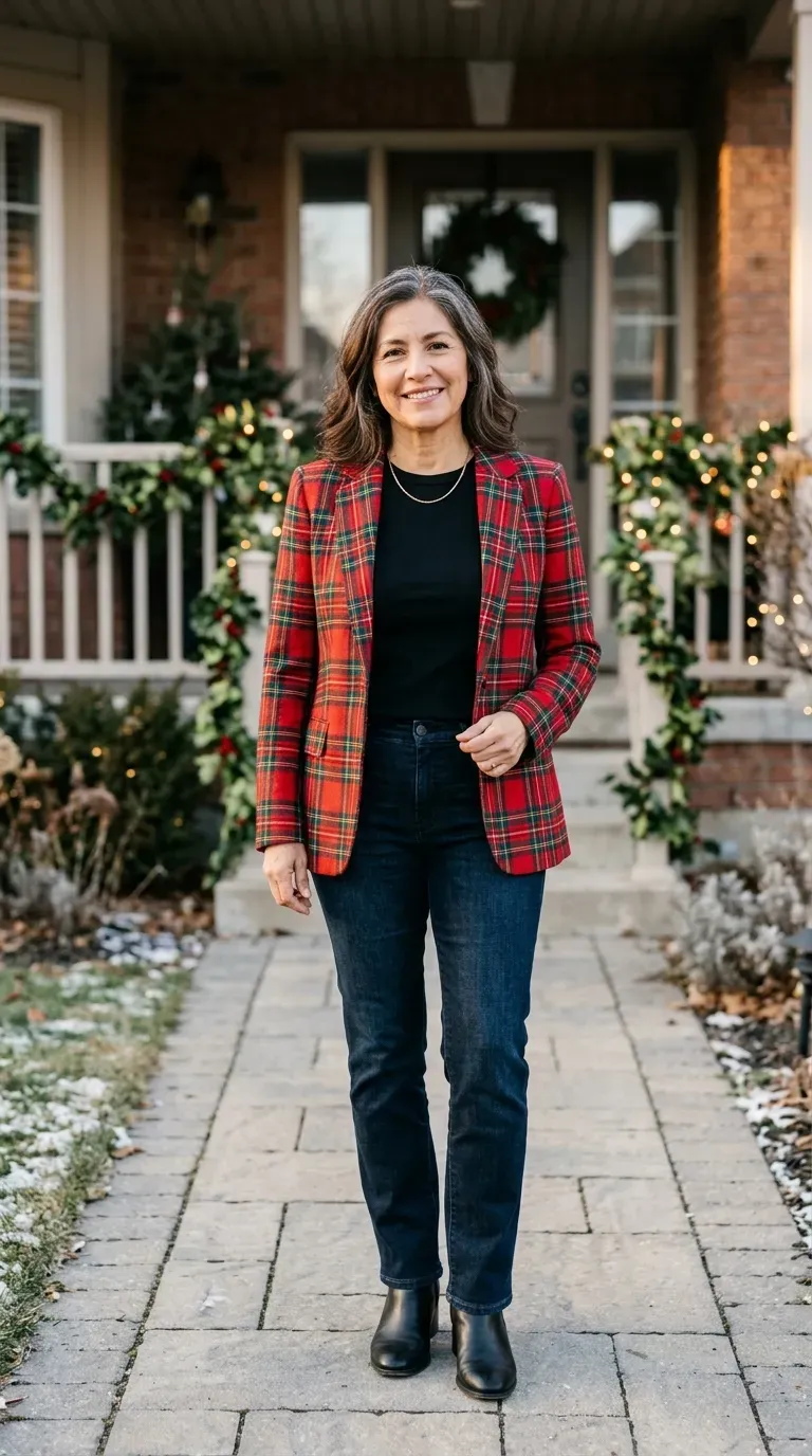 Woman over 50 in plaid blazer, dark jeans and black boots for a Christmas family photo