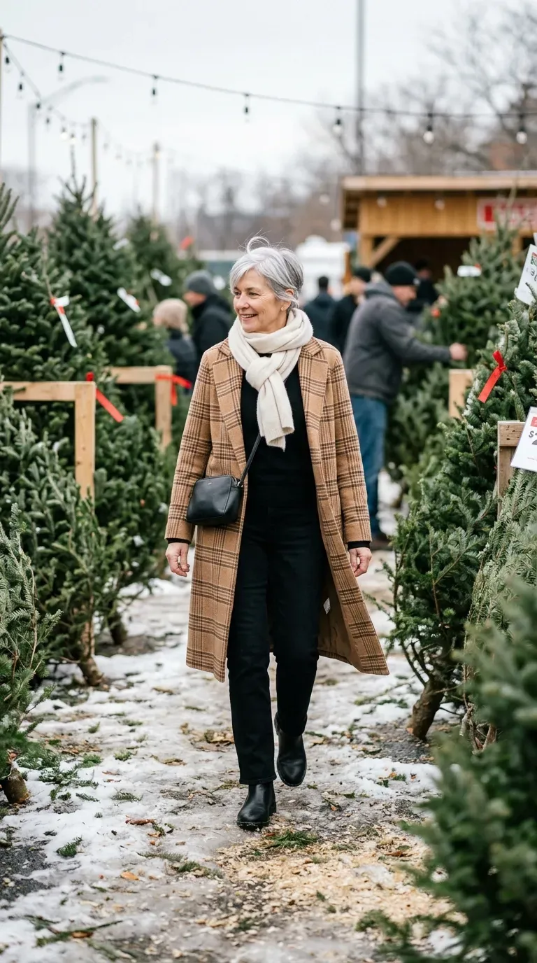 Woman over 50 in plaid wool coat, black knit and black jeans at a Christmas tree lot