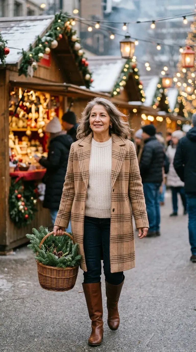 Woman over 50 in plaid wool coat, chunky knit and knee-high boots at a Christmas market