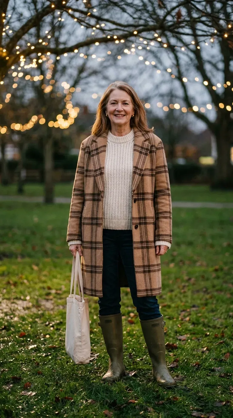Woman over 50 in plaid coat, cream knit and wellies at an outdoor Christmas lights display