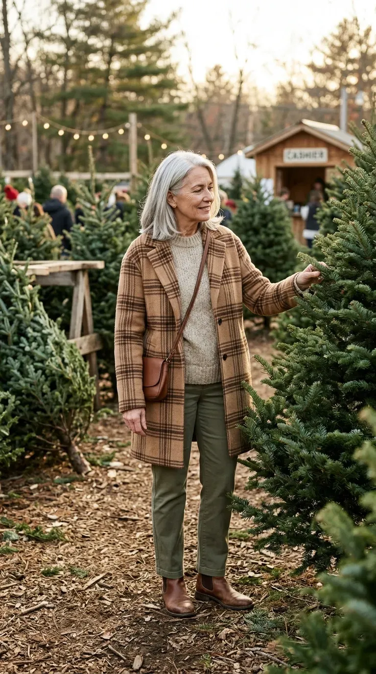 Woman over 50 in plaid coat, oatmeal sweater and olive trousers at a Christmas tree lot