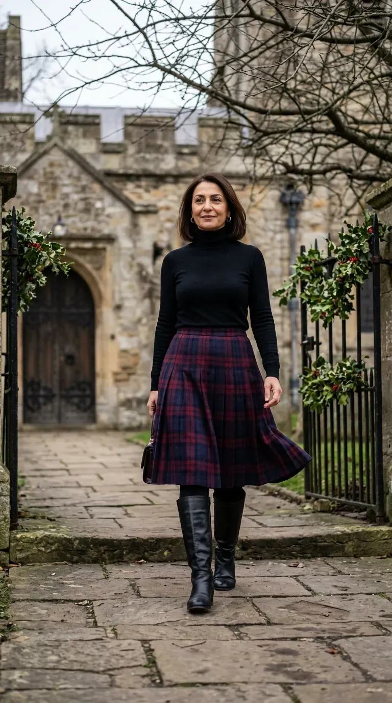 Woman over 50 in plaid midi skirt, black turtleneck and tall boots for a Christmas card