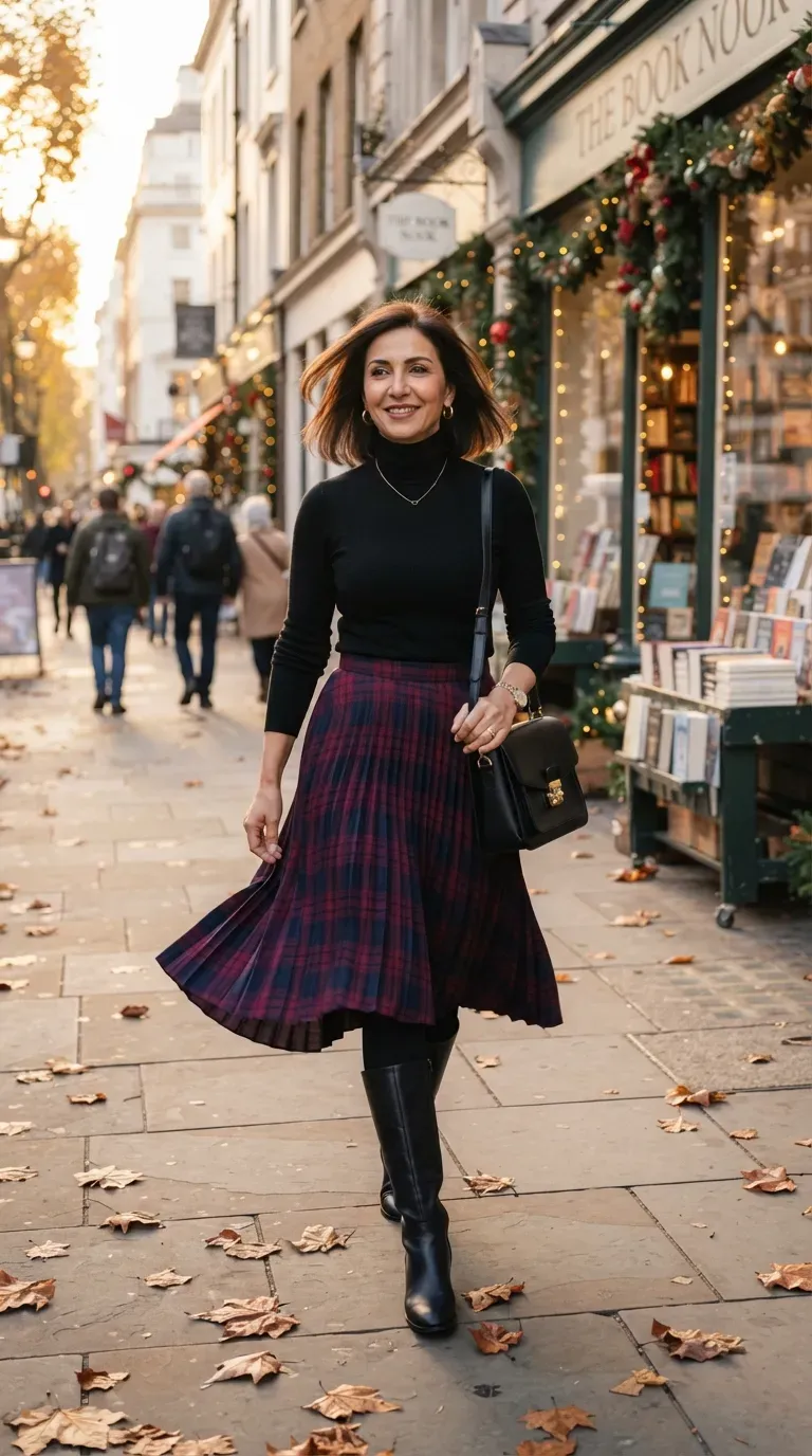 Woman over 50 in plaid pleated skirt, black turtleneck and tall boots on a city sidewalk