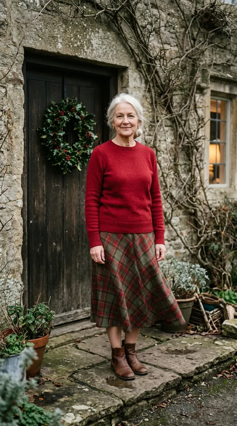 Woman over 50 in plaid skirt, red sweater and brown boots for a Christmas card photo