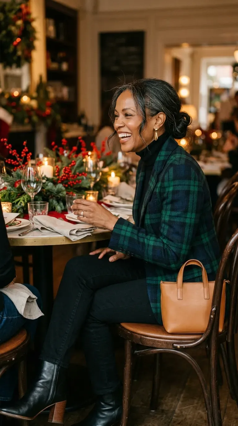 Woman over 40 in plaid wool blazer and black slim jeans at a Christmas lunch