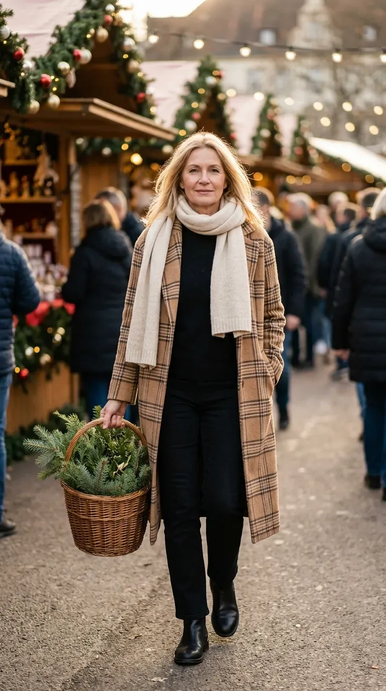 Woman over 50 in plaid wool coat, black knit and black jeans at a Christmas market