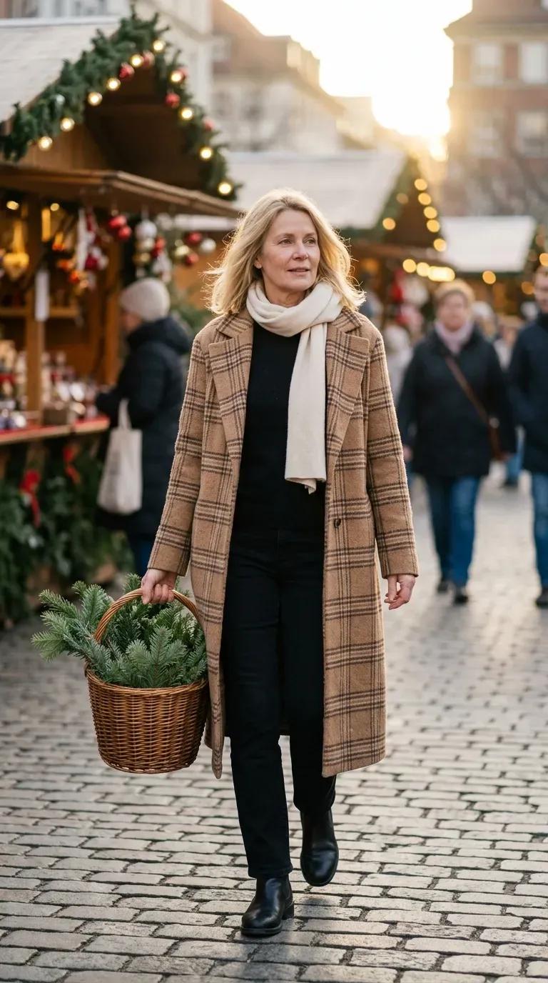 Woman over 50 in plaid wool coat, black knit and black jeans at a Christmas market