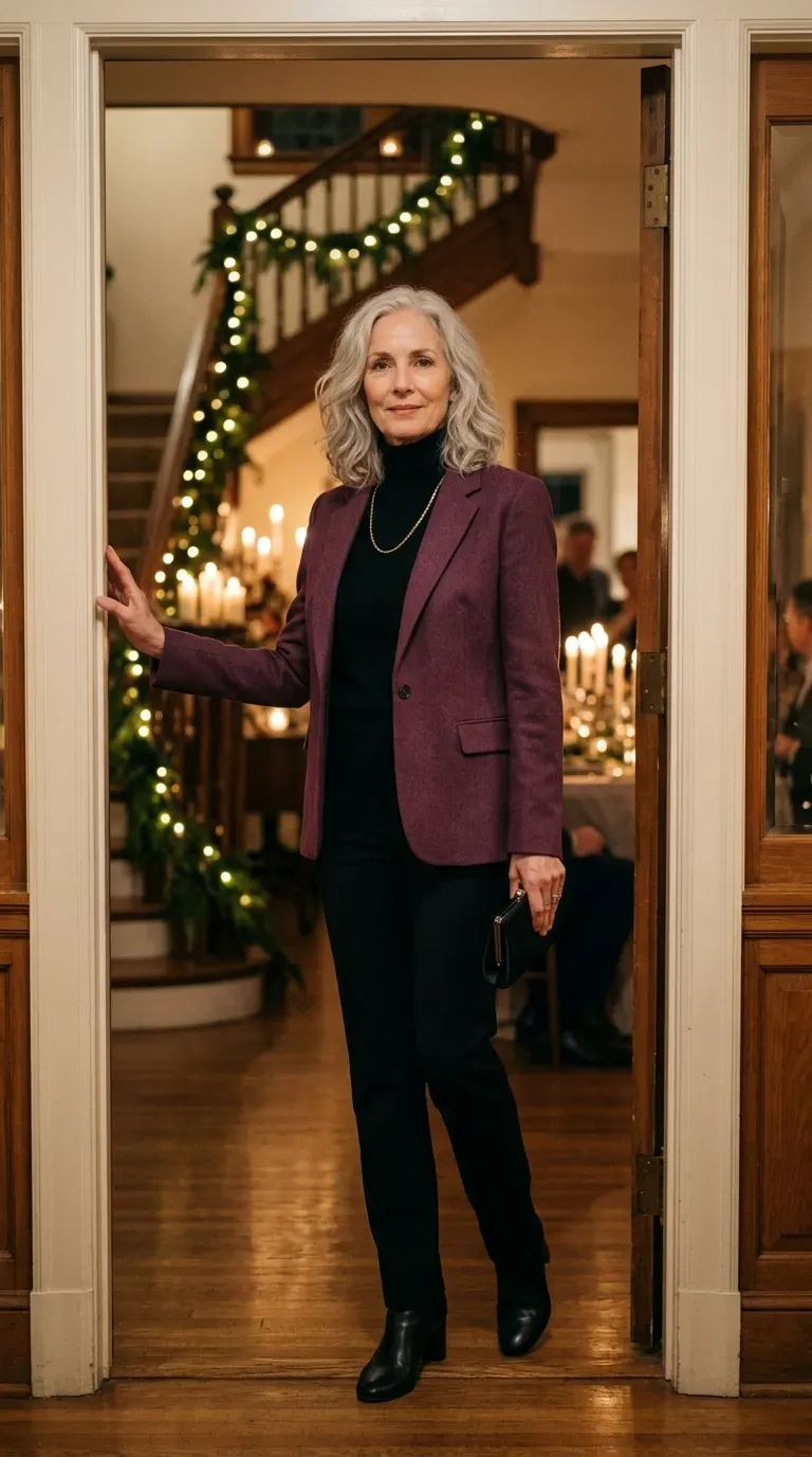 Woman over 50 in plum blazer, black turtleneck and black trousers at a holiday dinner