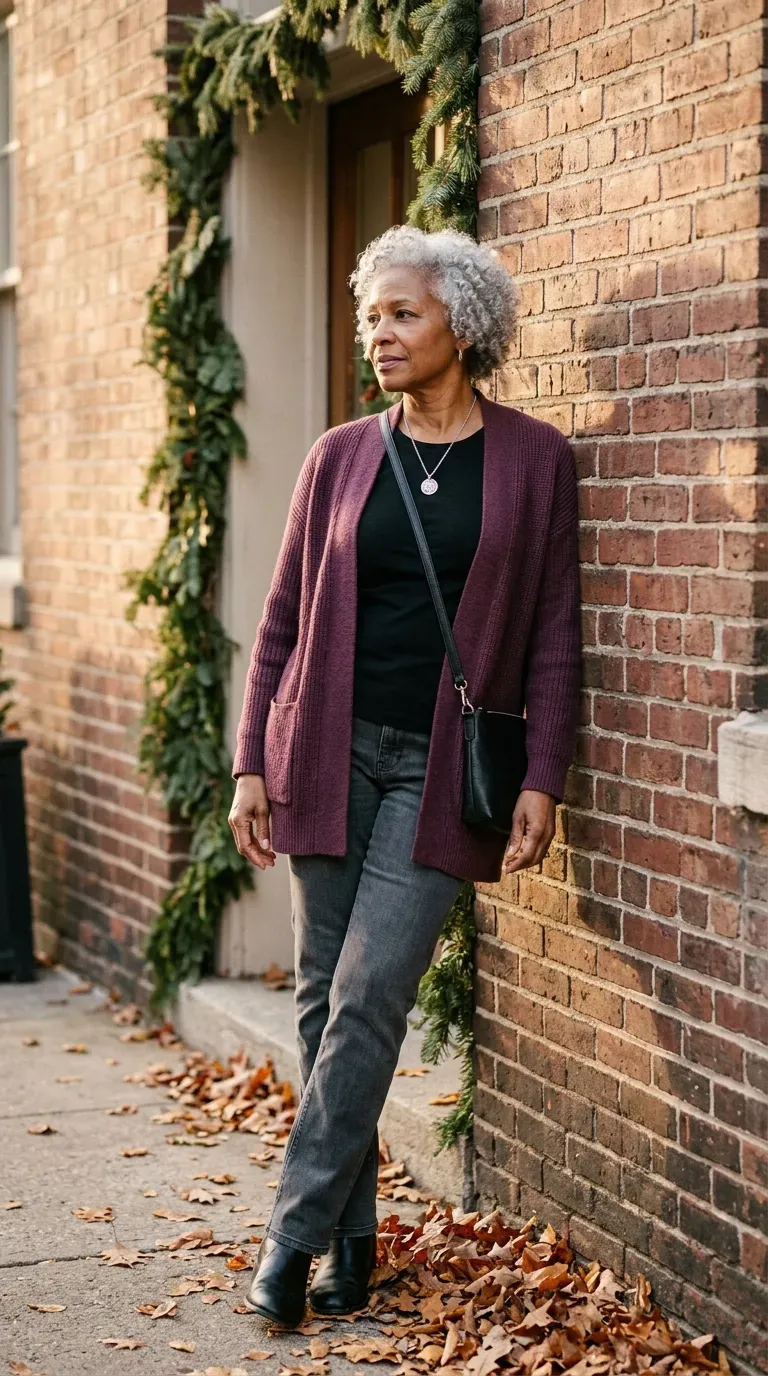 Woman over 50 in plum cardigan, black tee and charcoal jeans leaning on a brick wall