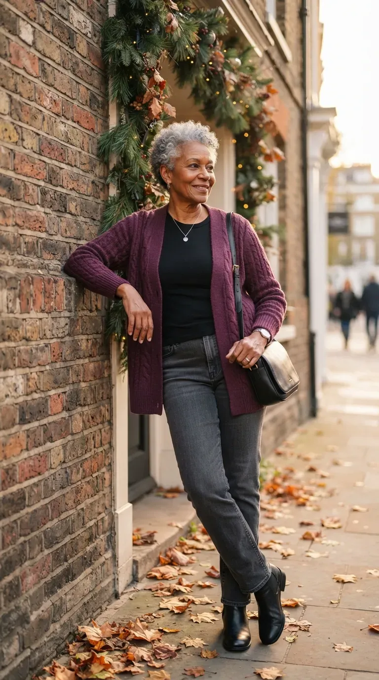 Woman over 50 in plum cardigan, black tee and charcoal jeans on a brick street