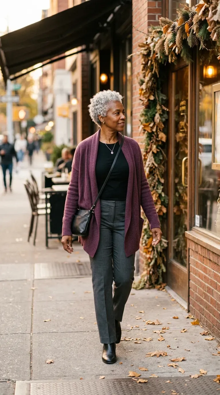 Woman over 50 in plum cardigan, black tee and charcoal trousers near a lunch spot