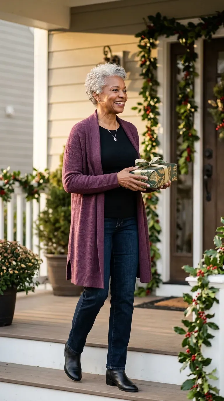 Woman over 50 in plum cardigan, black tee and dark jeans at a Christmas family gathering