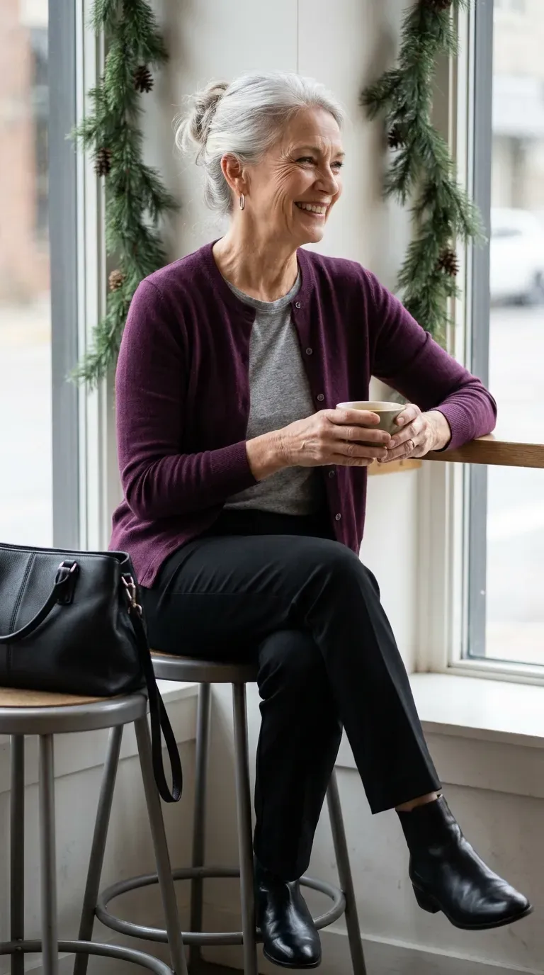 White woman in a plum cardigan, gray tee and black trousers beside a cafe window with tea
