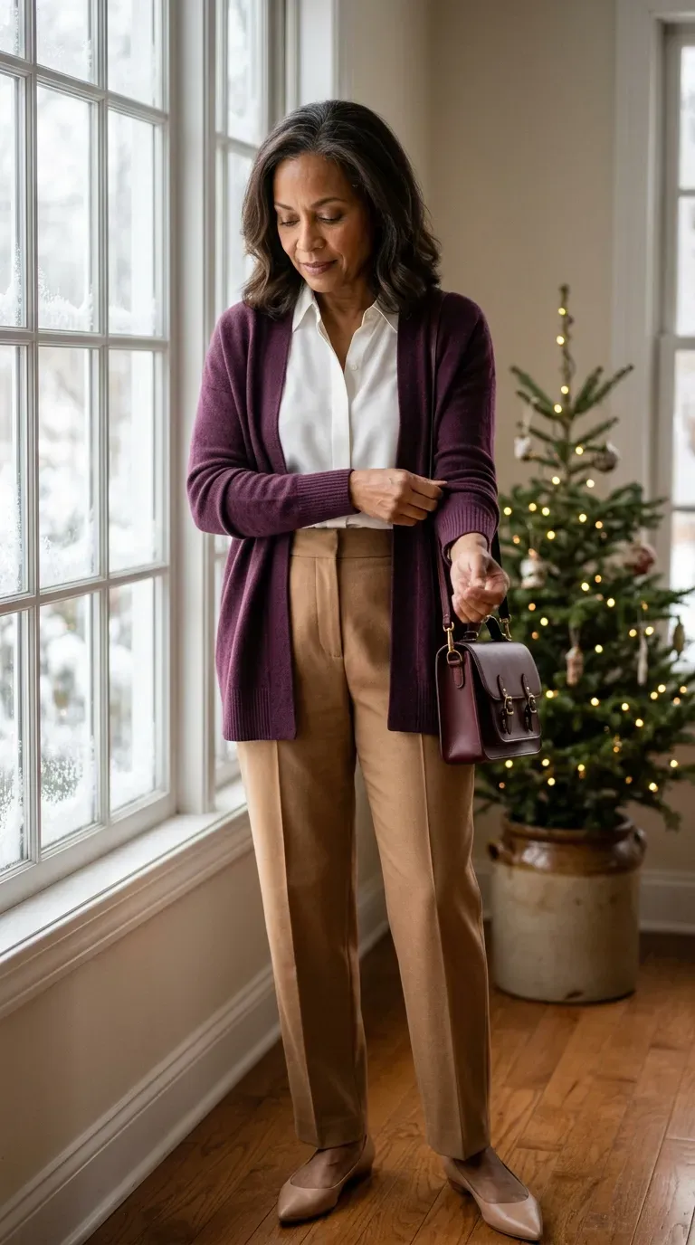 Woman over 50 in plum cardigan and camel trousers in a warm office Christmas setting