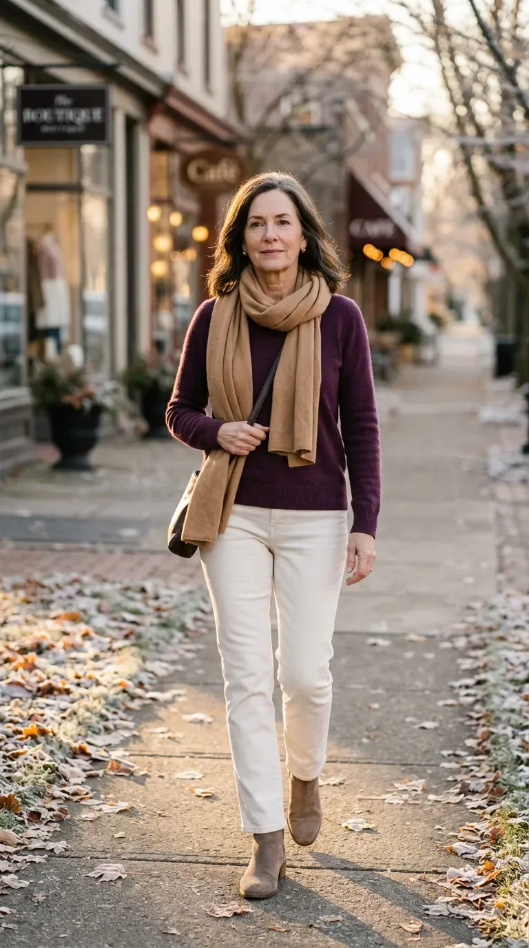 Woman over 50 in plum cashmere sweater and ivory jeans walking a frosty winter street