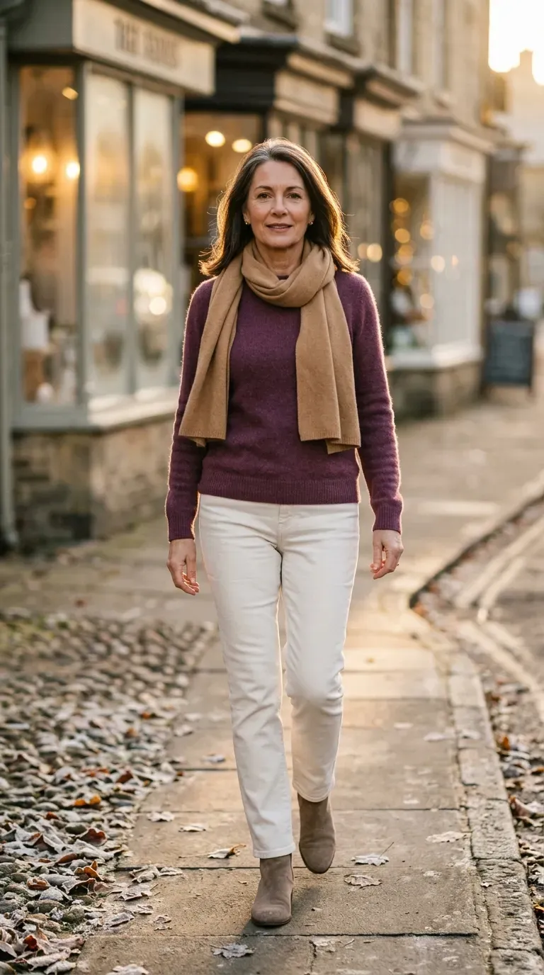 Woman over 50 in plum cashmere sweater and ivory jeans walking along a frosty winter street