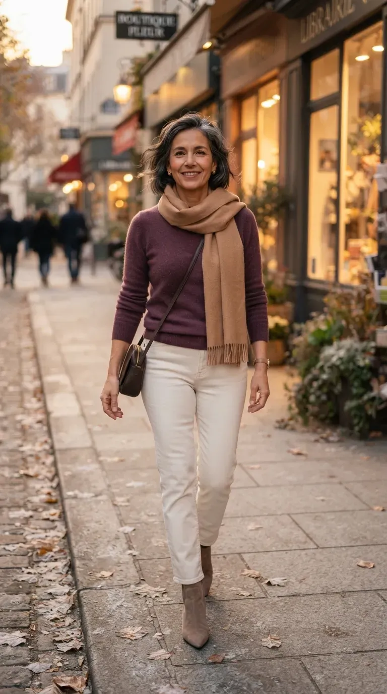 Petite woman over 50 in plum cashmere sweater and ivory jeans walking along a frosty winter street