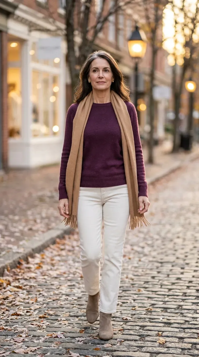 Woman over 50 in plum cashmere sweater and ivory jeans walking along a frosty winter street