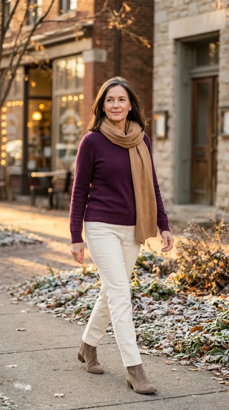 Woman over 50 in plum cashmere sweater and ivory jeans walking along a frosty winter street