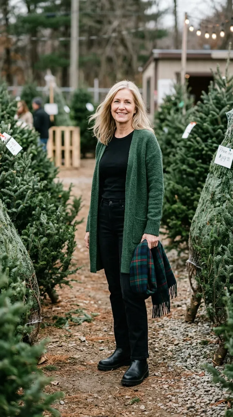 Woman over 50 in plum cashmere sweater and ivory jeans walking along a leaf-lined winter street