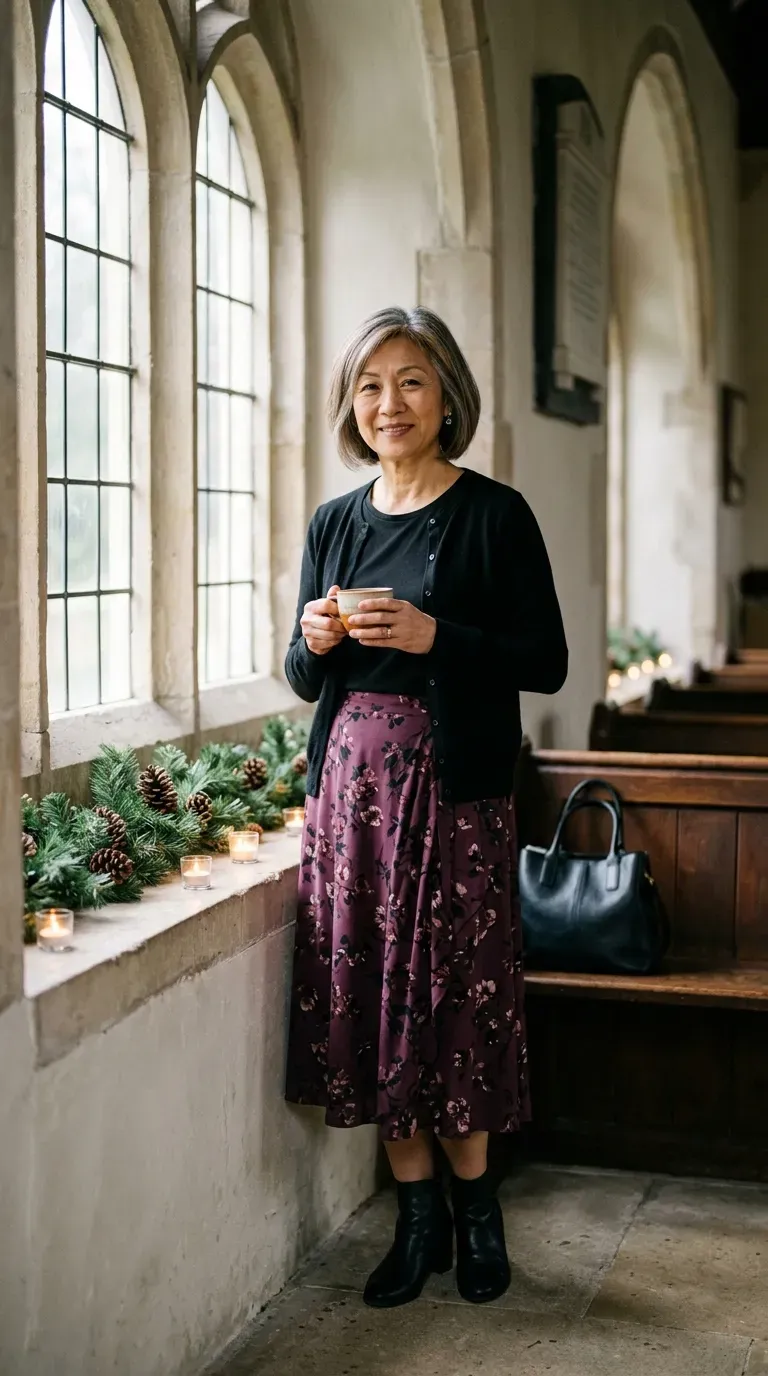 Asian woman in plum floral midi skirt and black cardigan beside a church window with tea