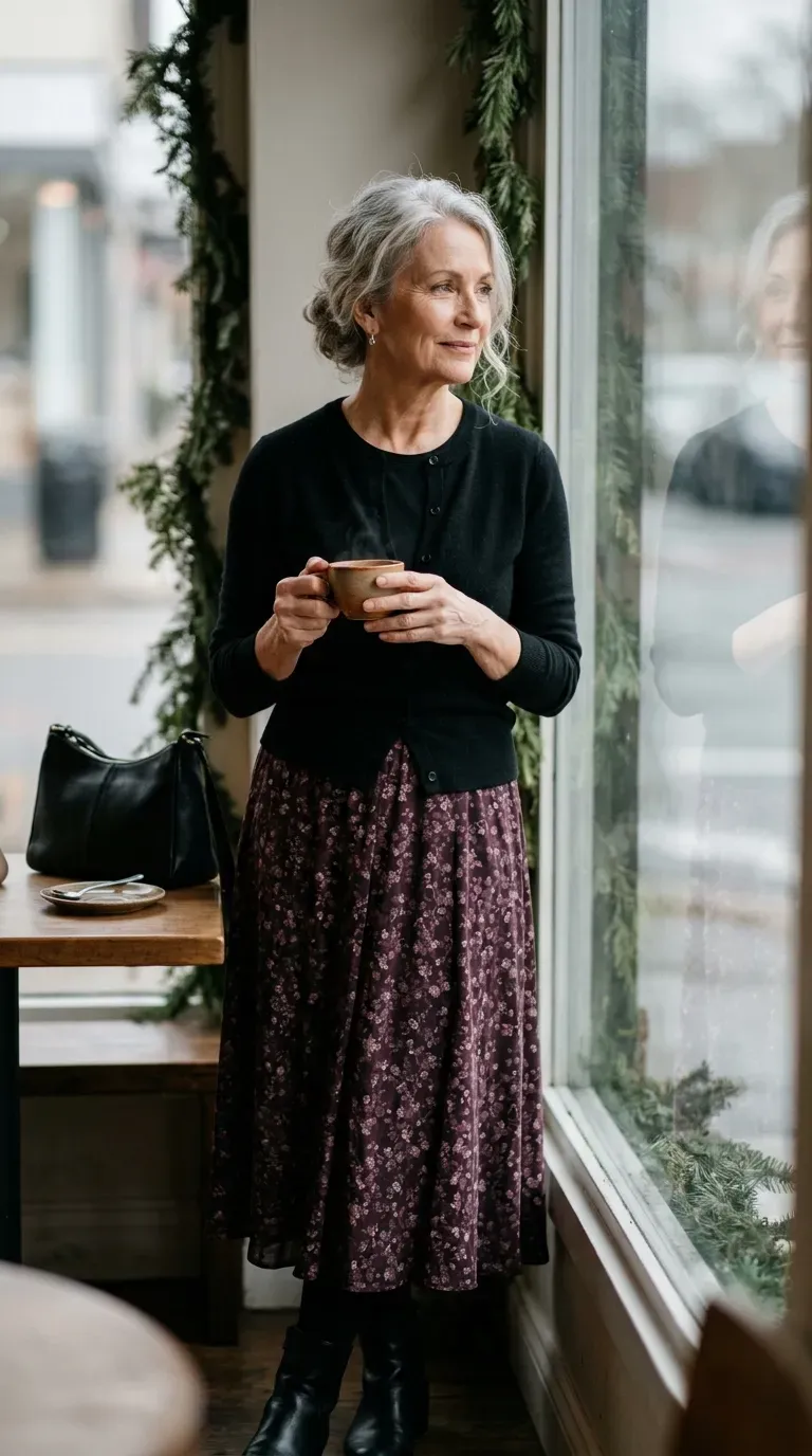 Woman in plum floral midi skirt and black cardigan standing by a cafe window with tea