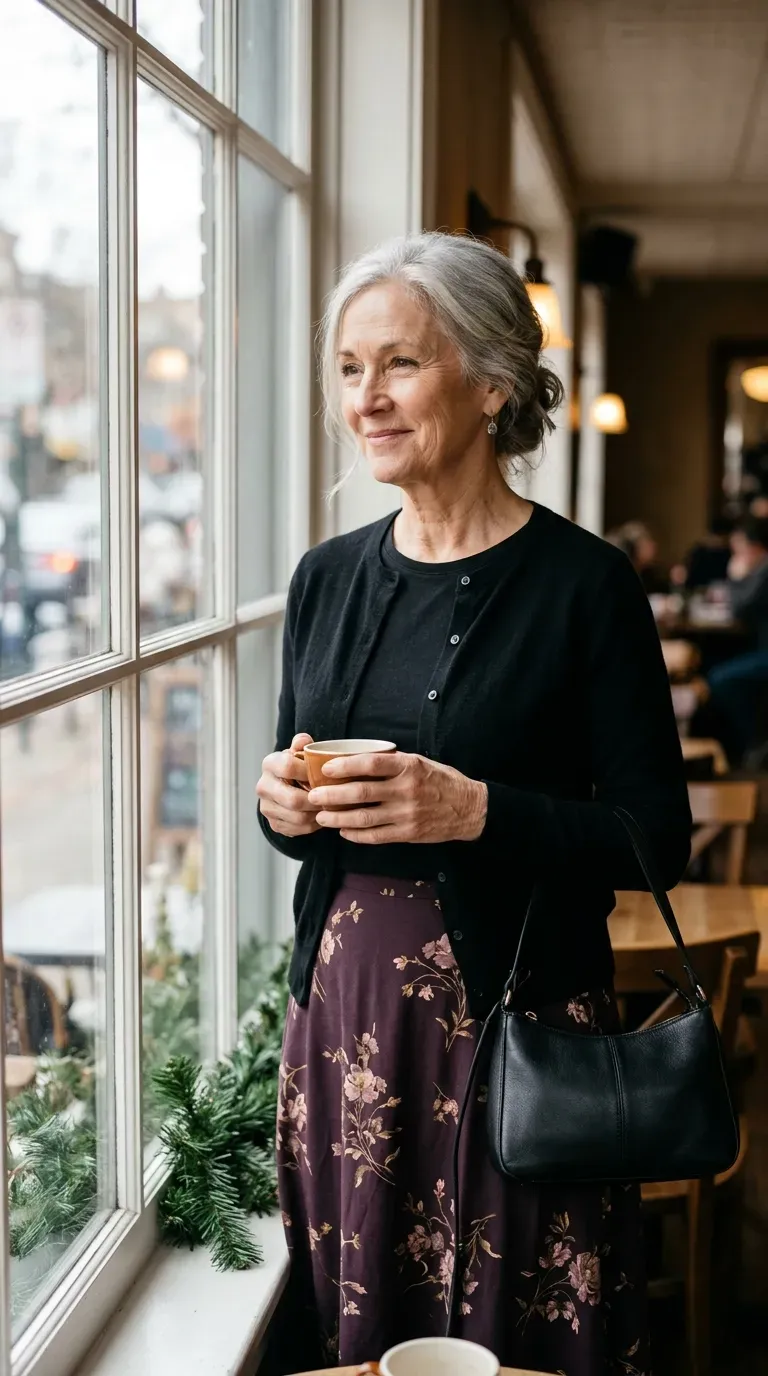 Woman in plum floral midi skirt and black cardigan with ankle boots near a cafe window