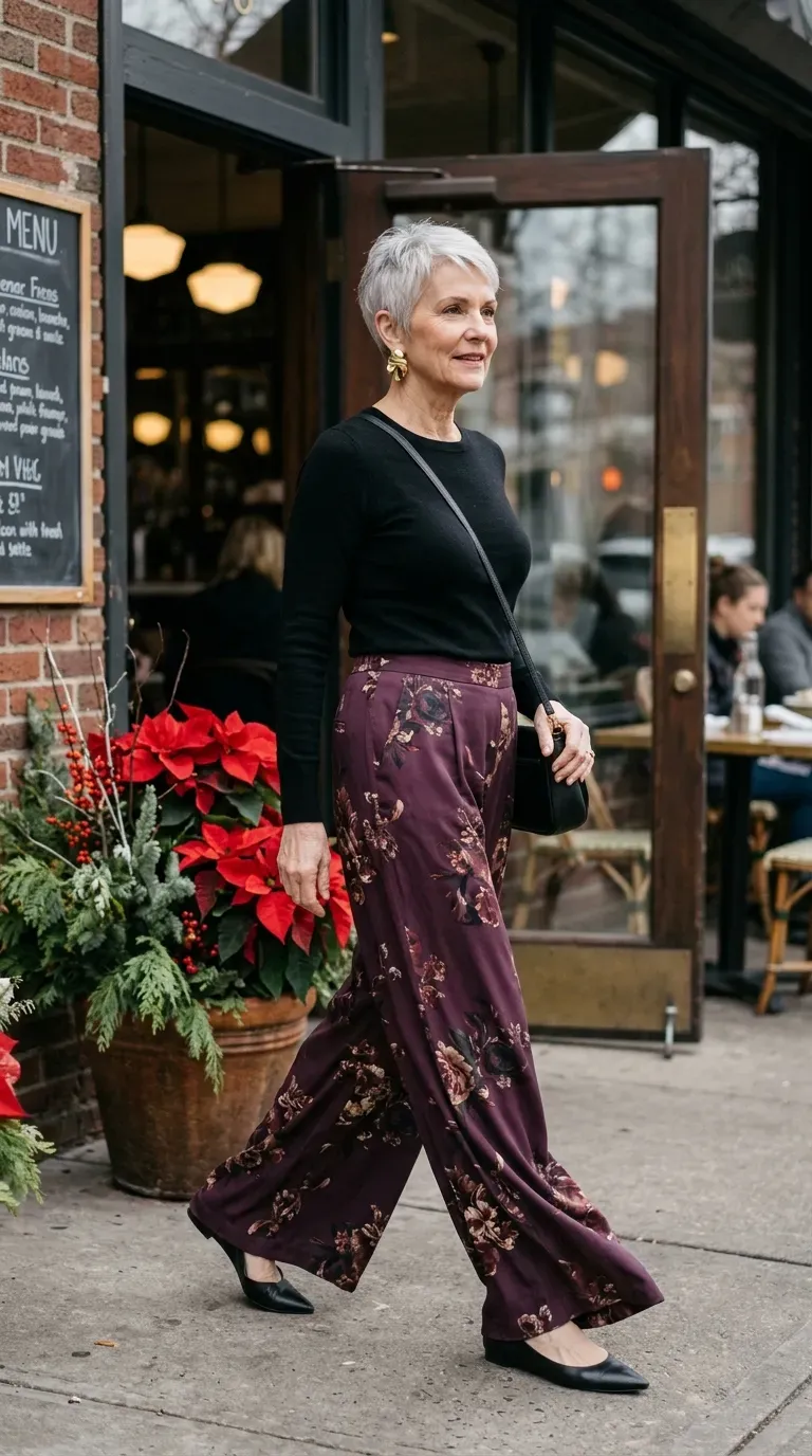 Woman over 50 in plum floral wide-leg pants and black knit top at a holiday brunch