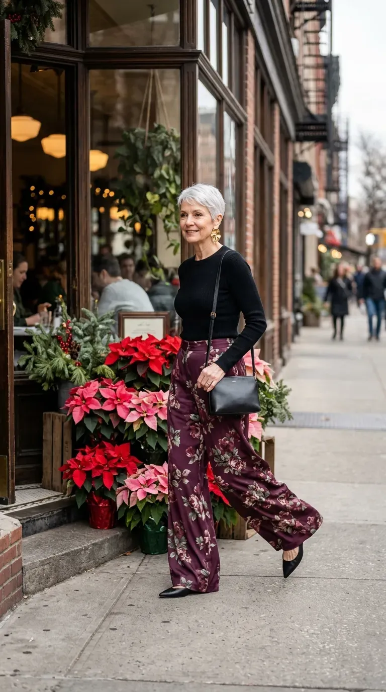 Woman over 50 in plum floral wide-leg pants and black knit top at a holiday brunch