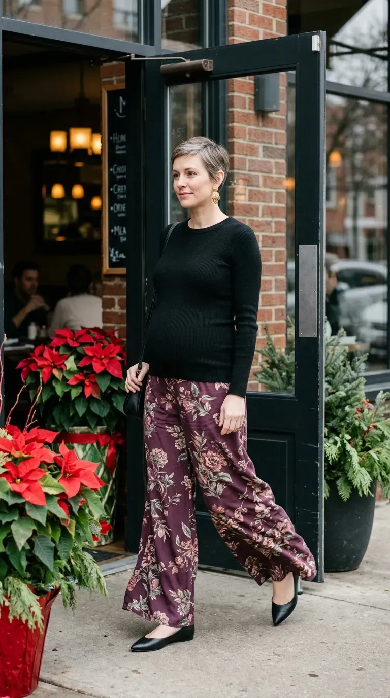 Pregnant woman in plum floral wide-leg pants and black knit top at a holiday brunch