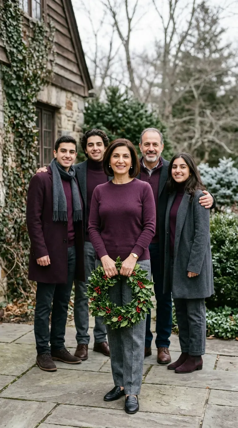 Woman over 50 in plum sweater and gray trousers for a coordinated Christmas family photo