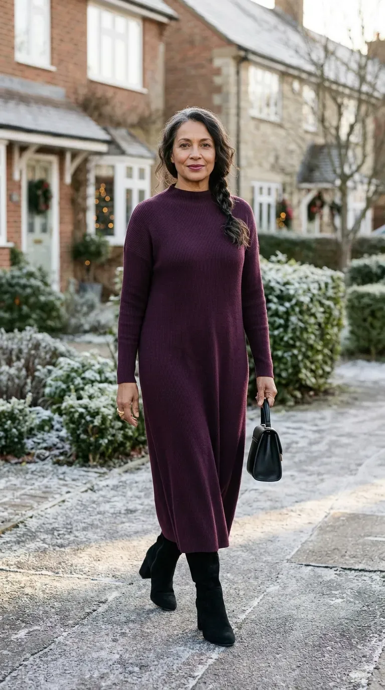 Woman over 50 in plum knit midi dress and black suede ankle boots on Christmas Day
